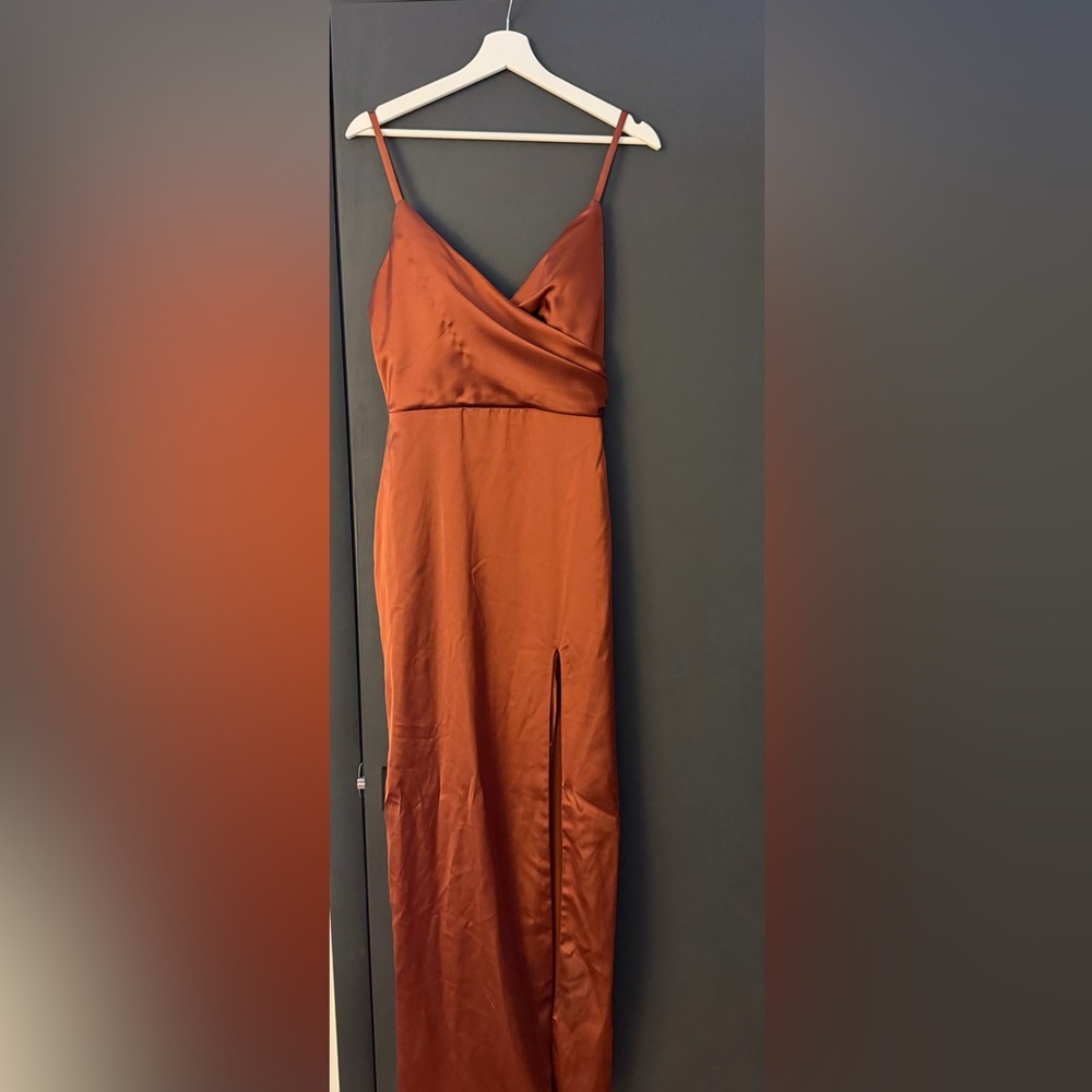 Revelry Strapless Rust Satin Dress
